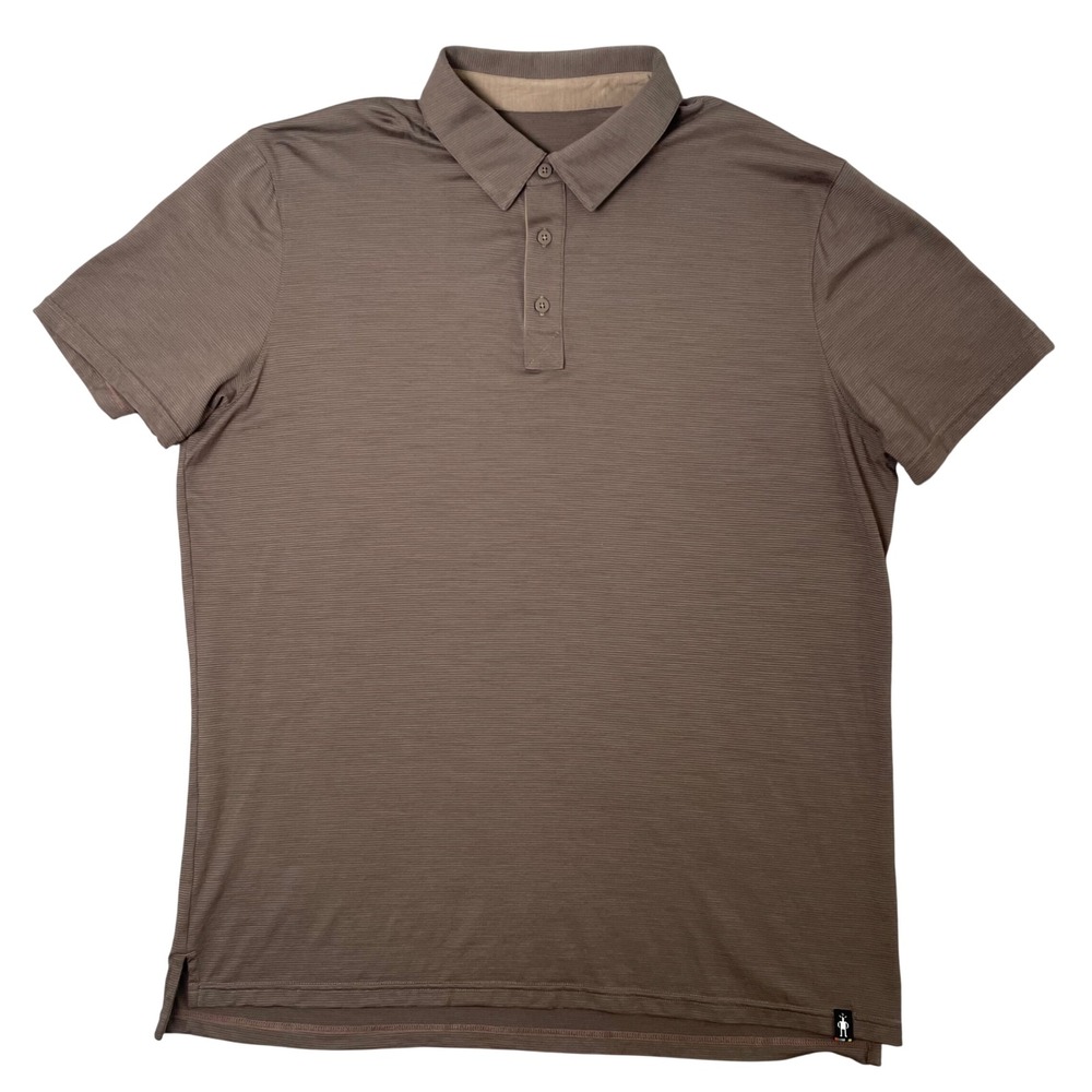 Smartwool Mens Large Merino Wool Polo Shirt Taupe Brown Striped Outdoor Golf